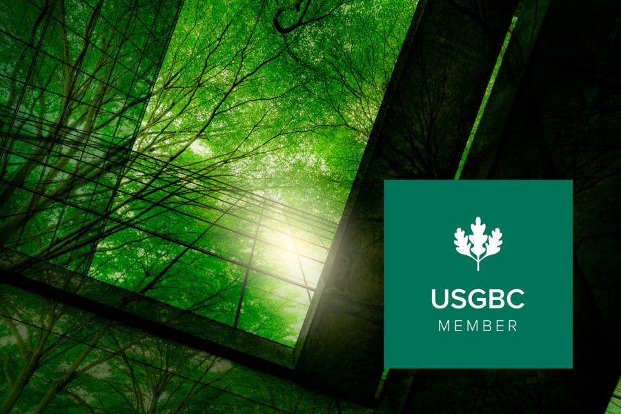 USGBC logo over a view of a green building