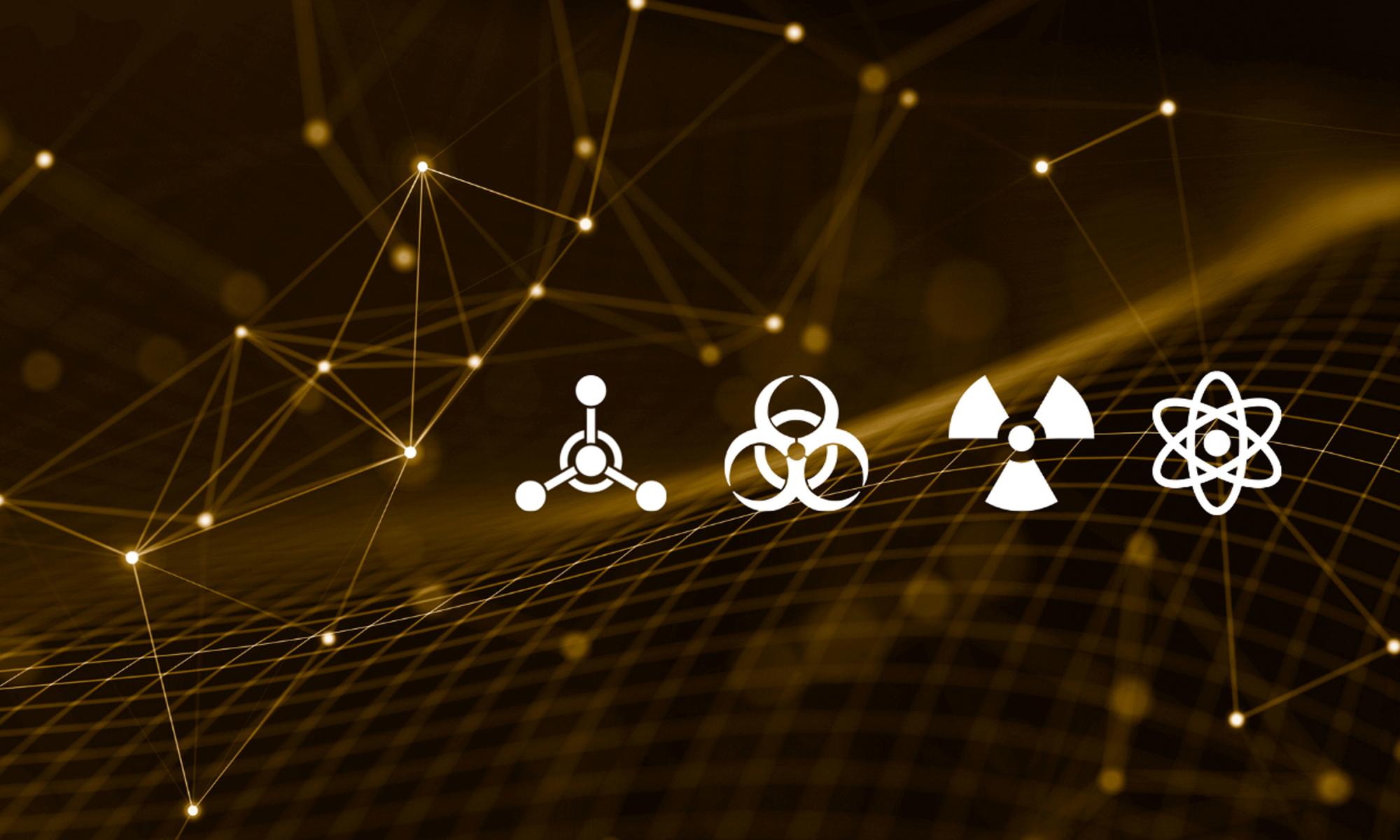 Chemical, Biological, Radiological, and Nuclear icons over an abstract grid image