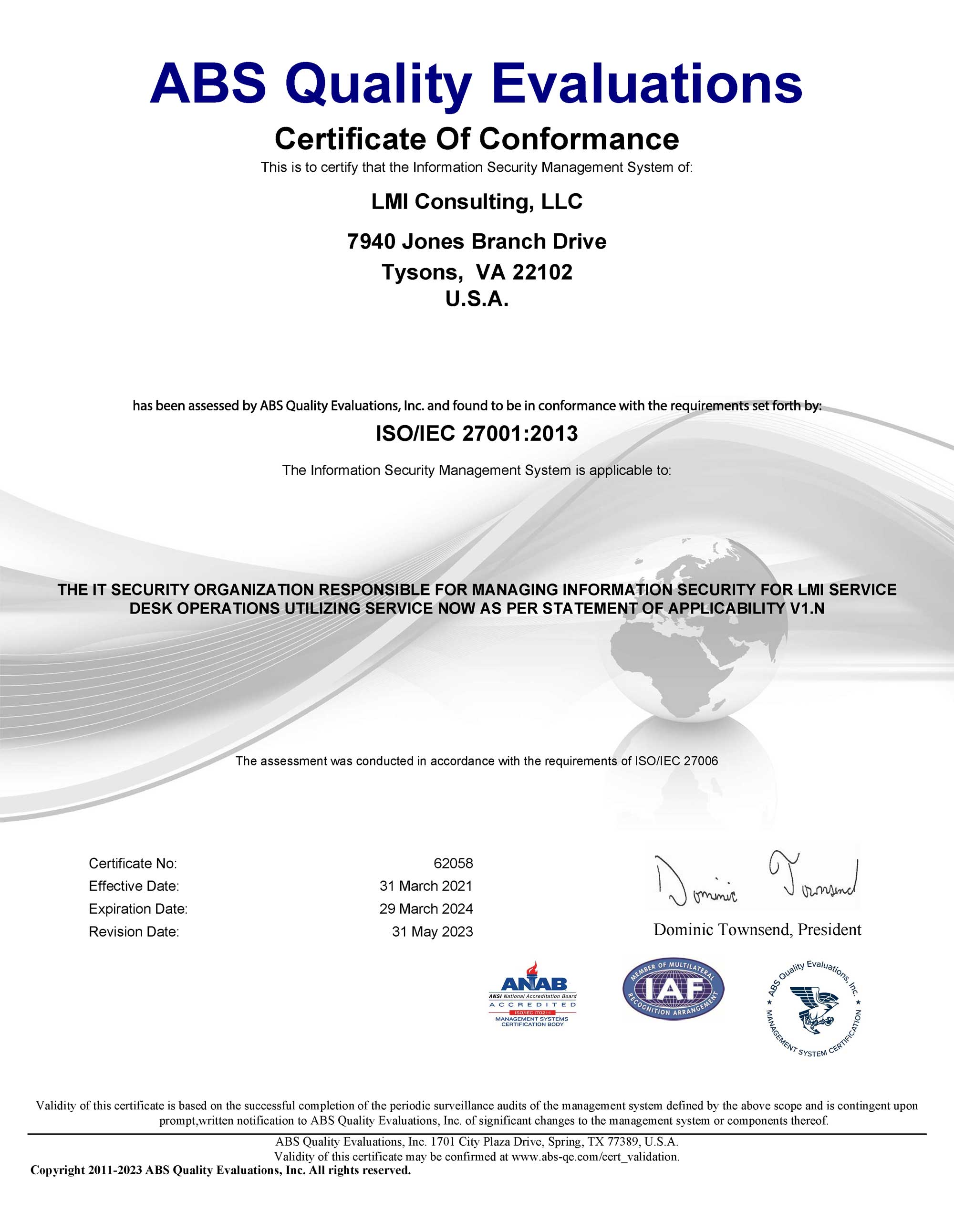 Certificate of Conformance ISO 27001