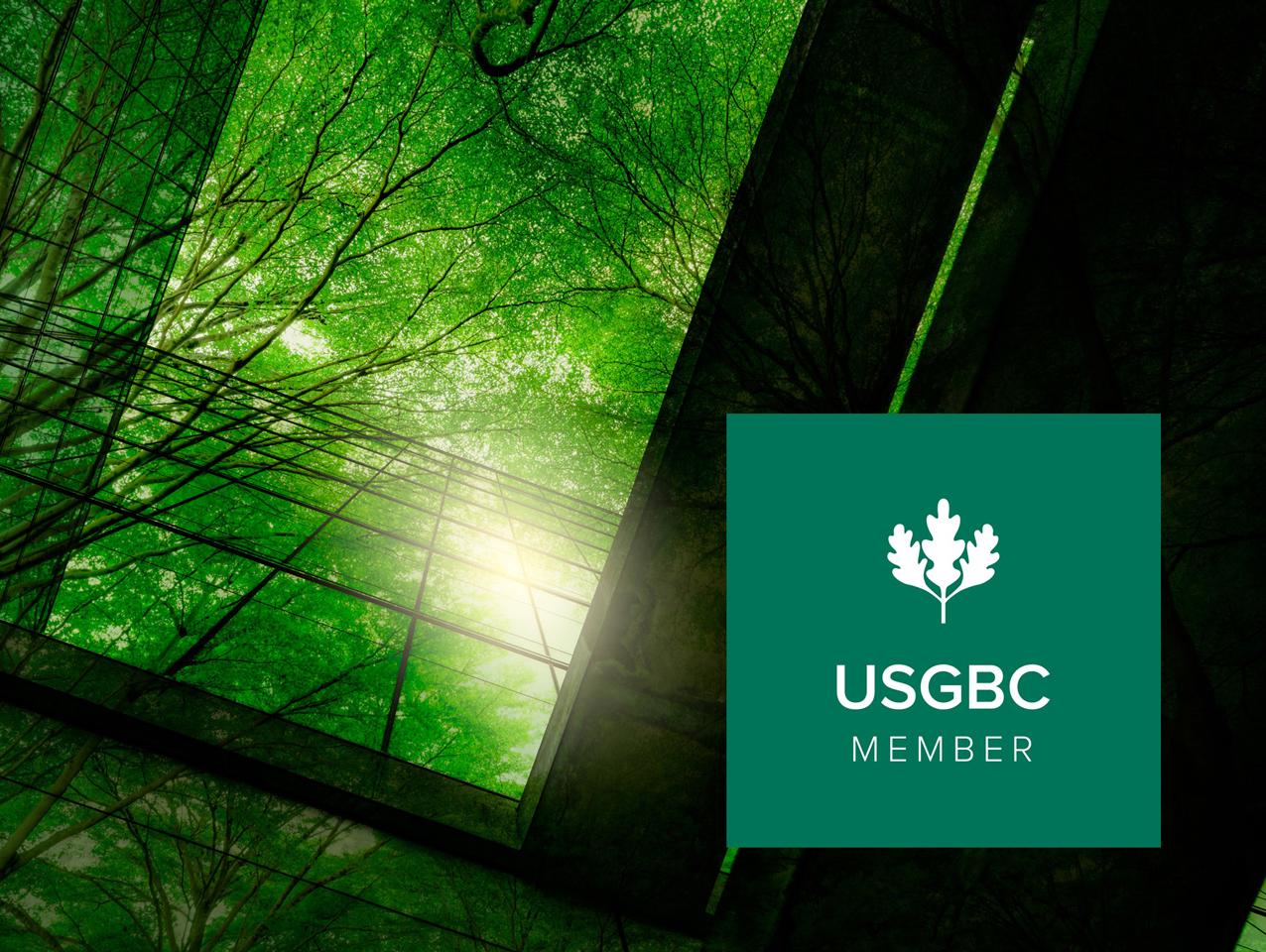 USGBC logo over a view of a green building