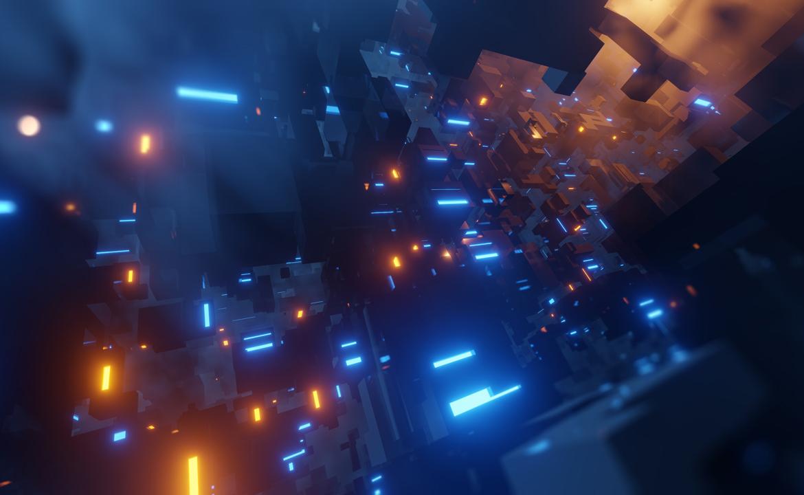 Flying in VR futuristic city. Sci-Fi scene with Orange and Blue lights. 