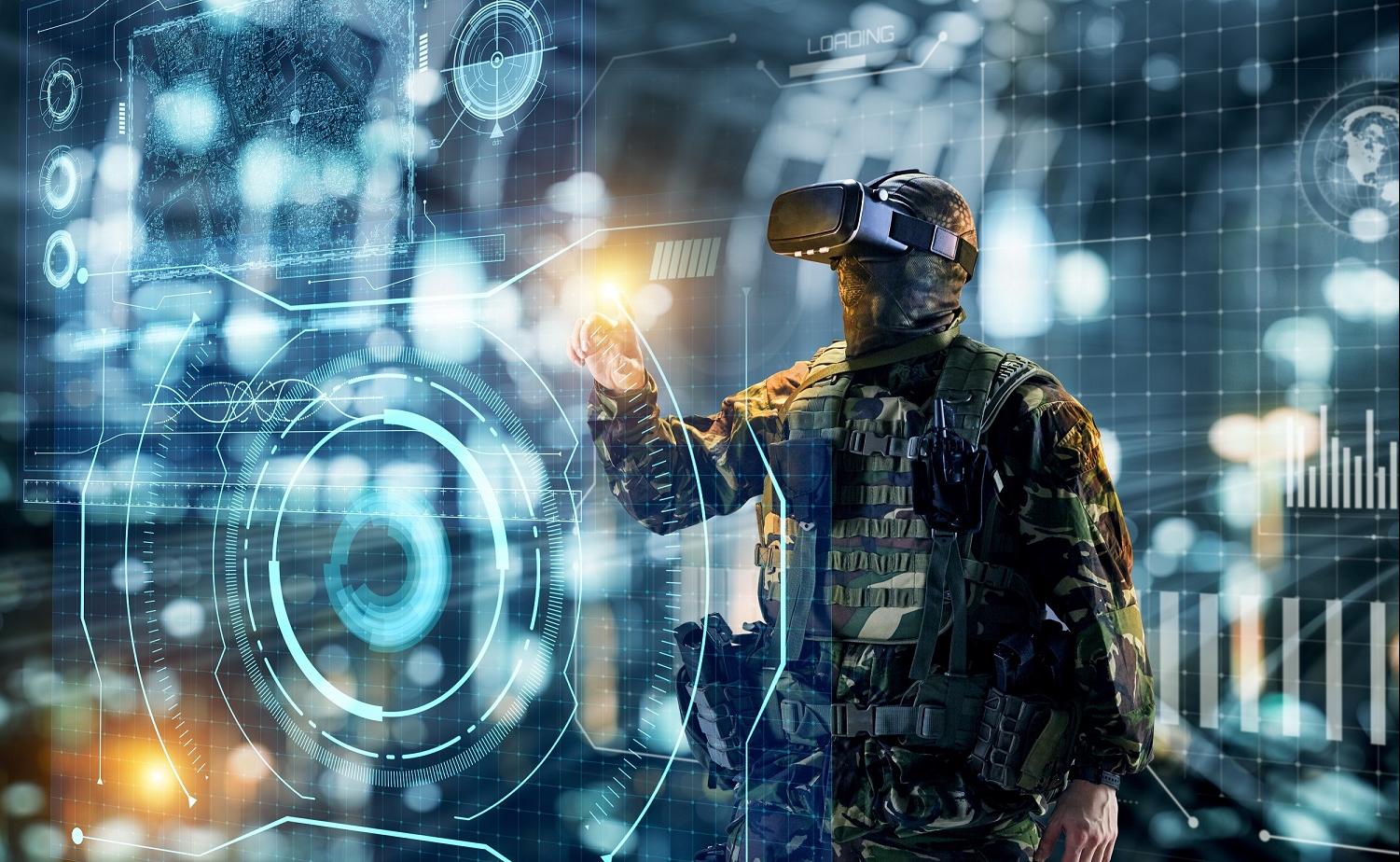 Soldier in glasses of virtual reality. Military concept of the future.