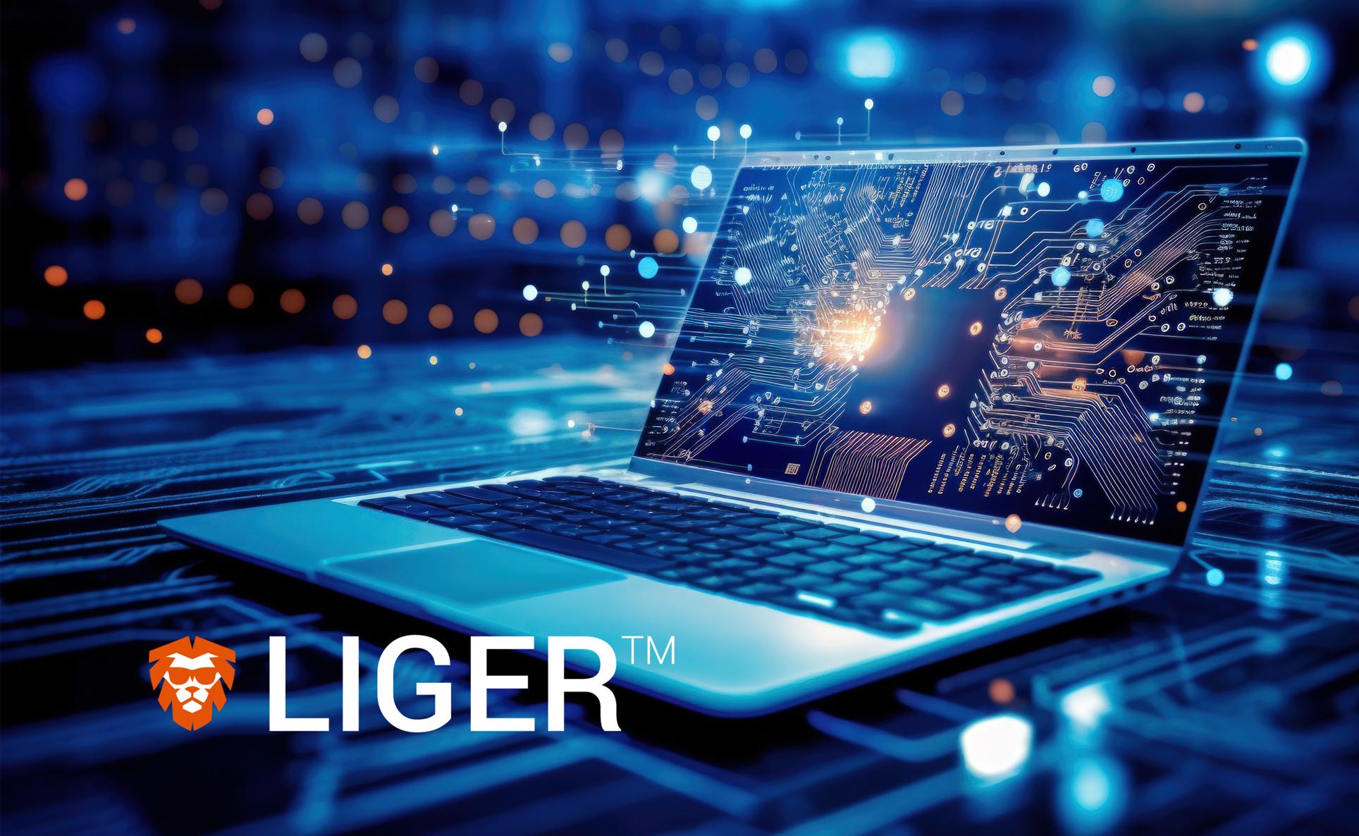 LIGER trademarked logo over an image of a laptop