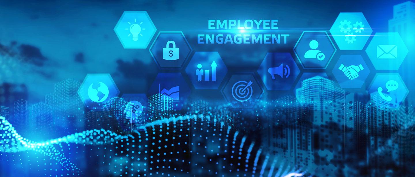 Text that reads "Employee Engagement" over a layered background of business icons and abstract technology