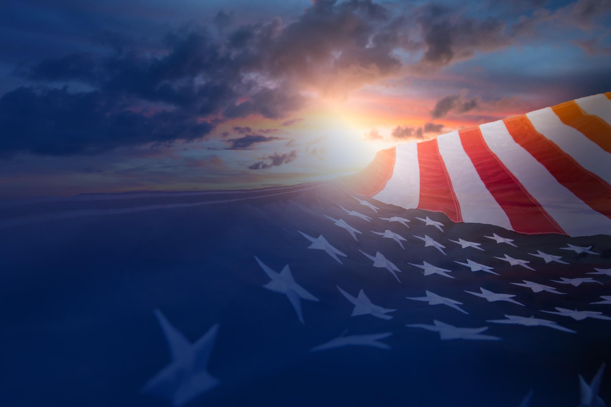 USA flag at sunset