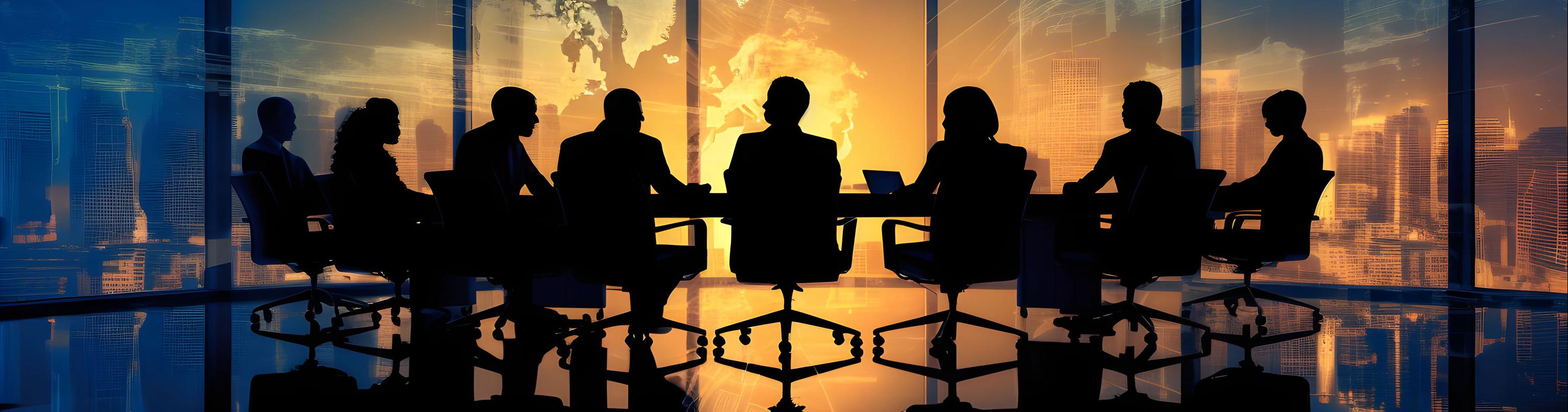 Silhouetted group of people seated at a conference table, looking at a map of the world with text that reads “LMI Advisory Council Established”. 
