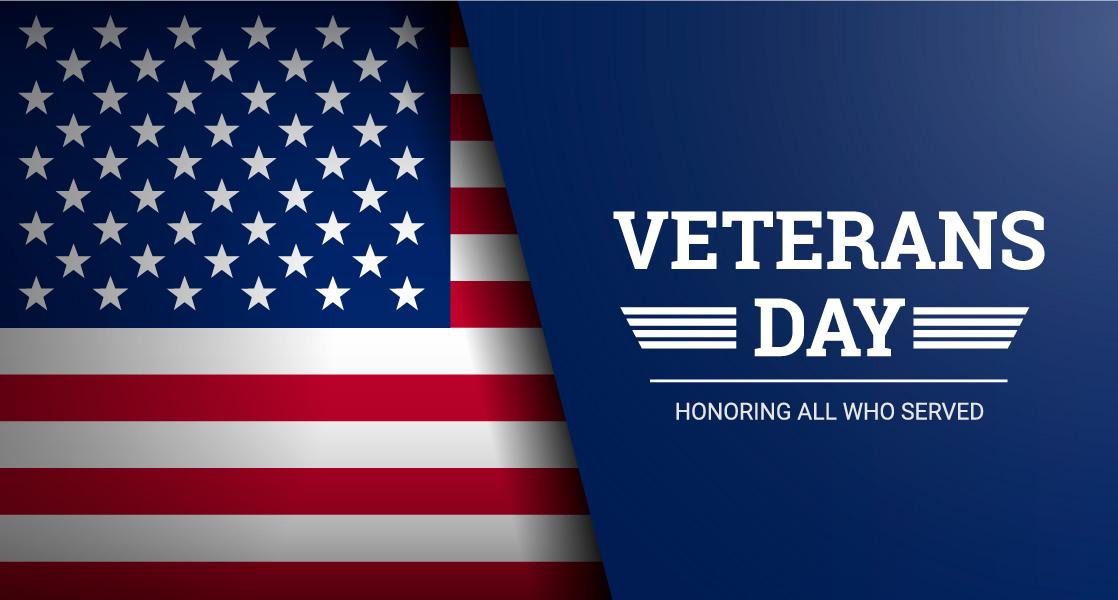 White background with American flag. Veterans Day text.