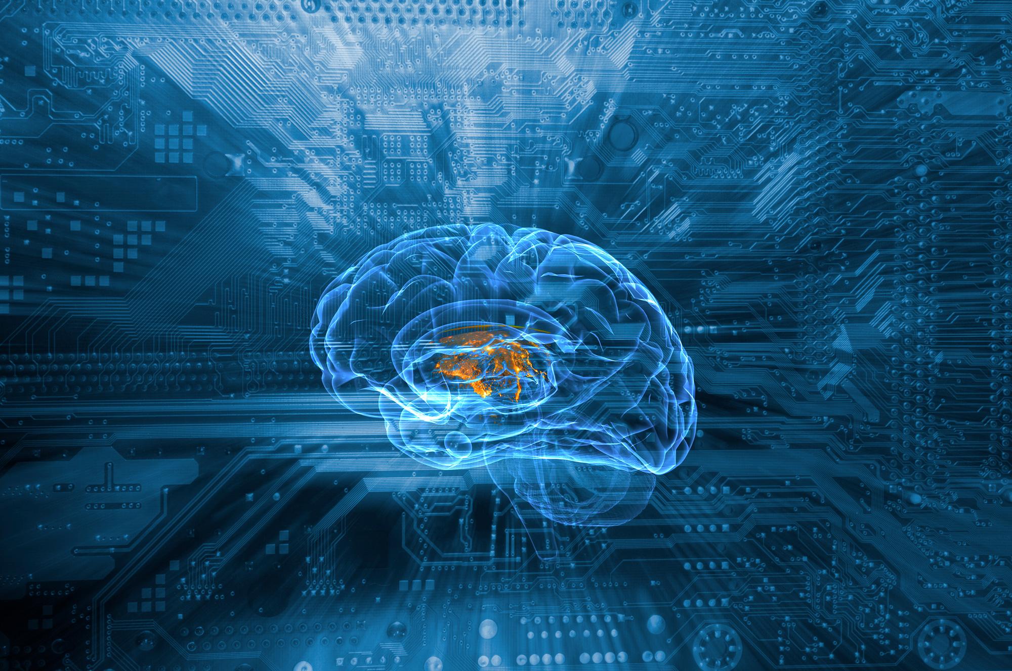 human brain with technology/circuit overlay