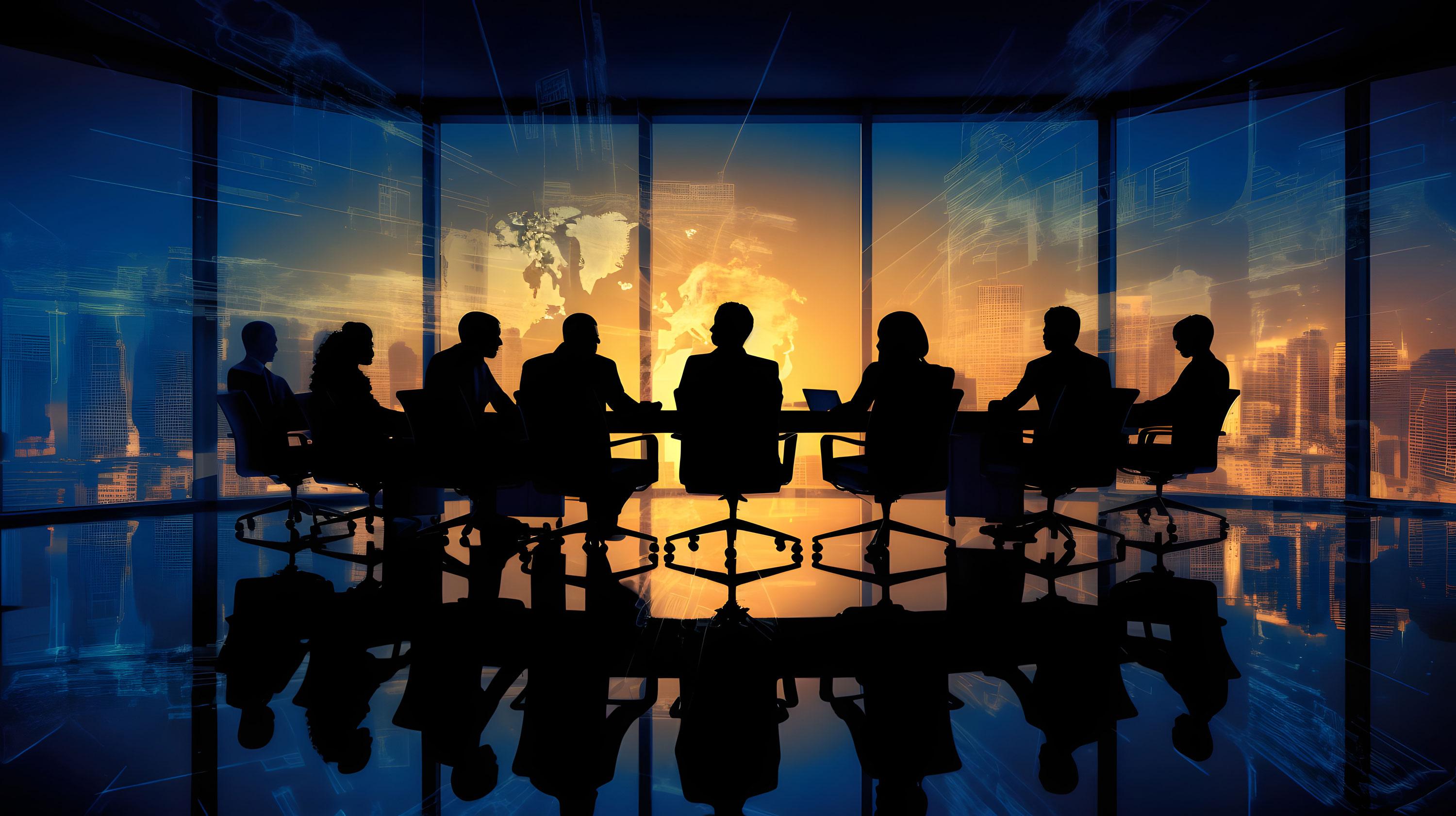Silhouetted group of people seated at a conference table, looking at a map of the world with text that reads “LMI Advisory Council Established”. 
