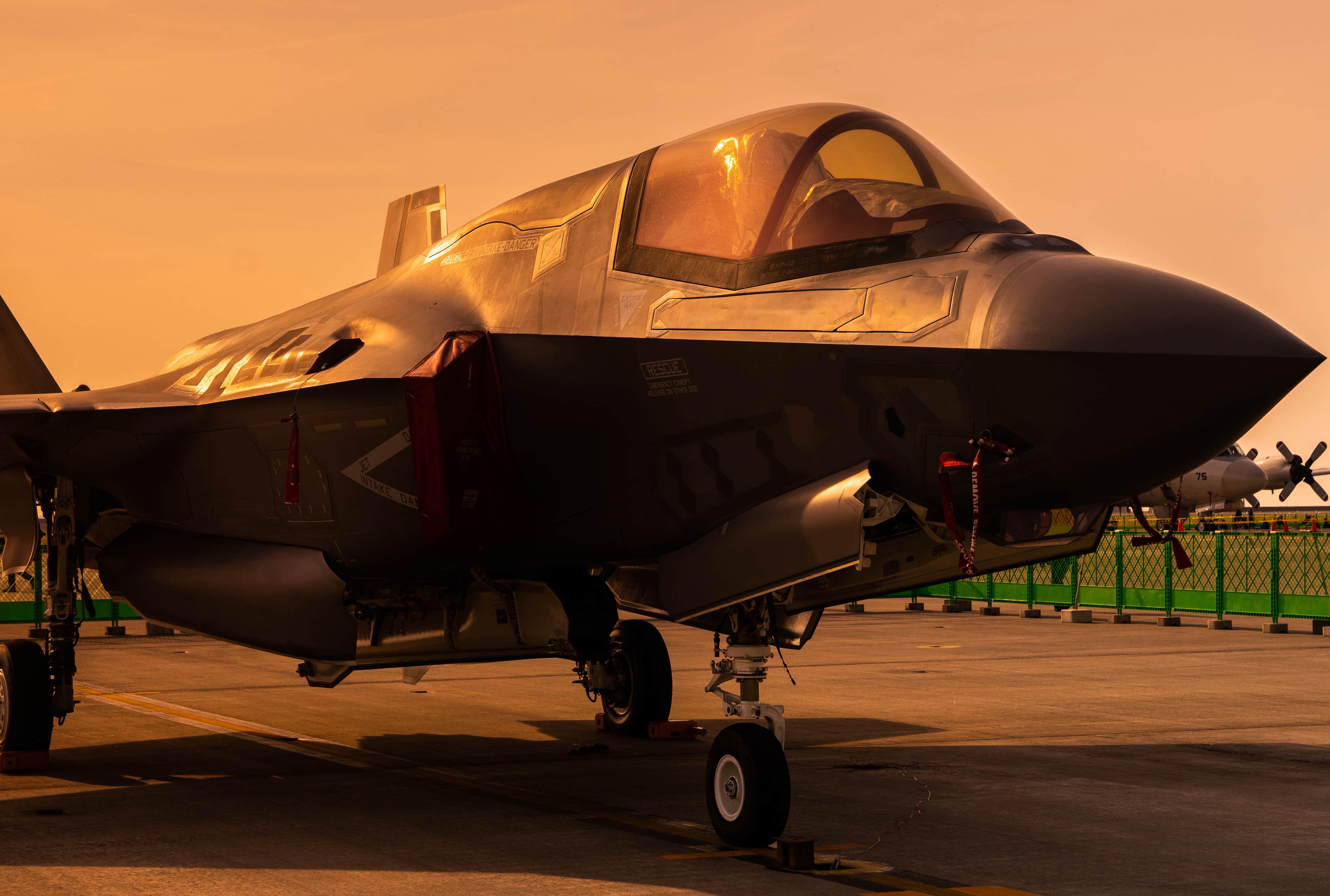 F-35 landing at sunset