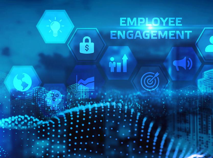 Text that reads "Employee Engagement" over a layered background of business icons and abstract technology