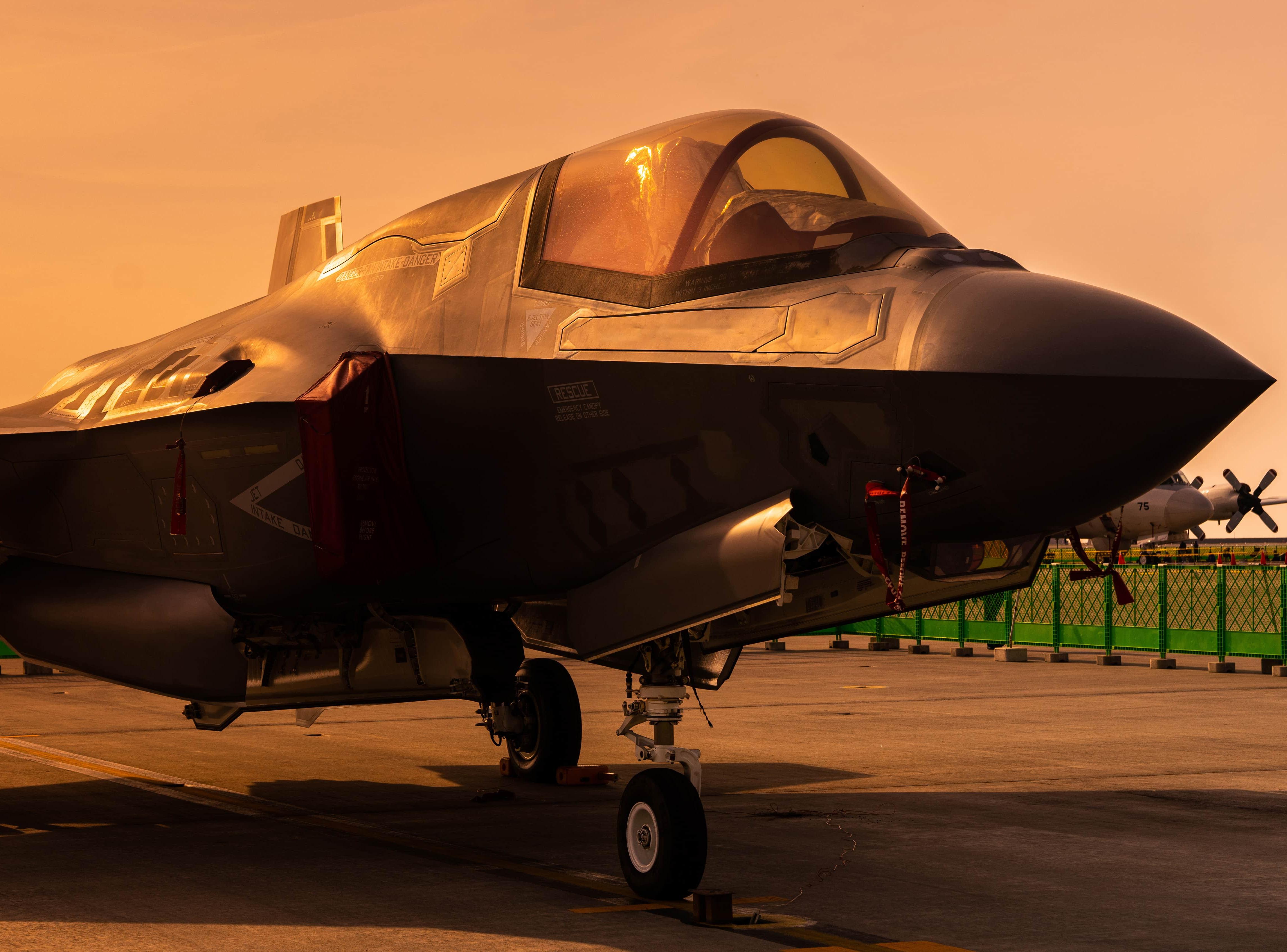 F-35 landing at sunset