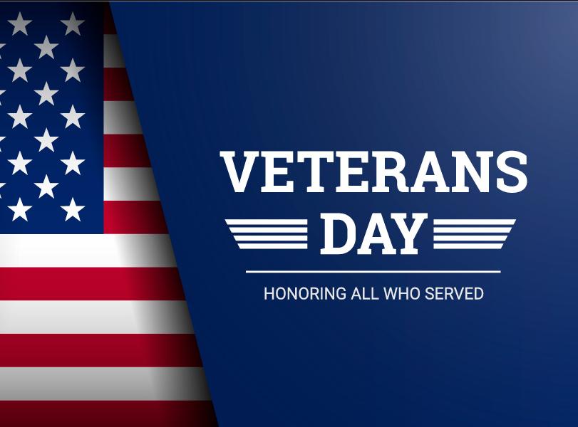 White background with American flag. Veterans Day text.