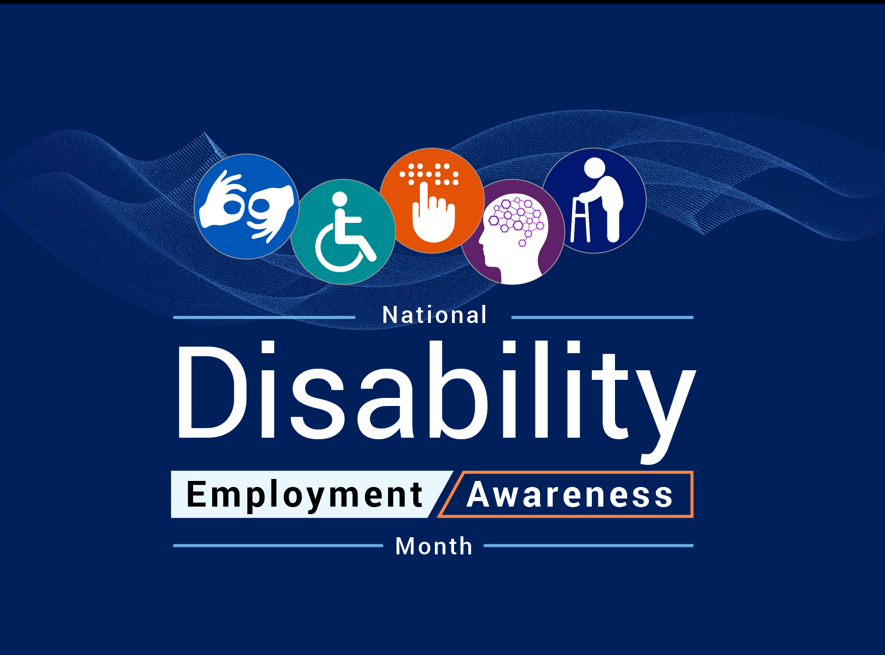 National Disability Employment Awareness Month text with icons representing different disabilities